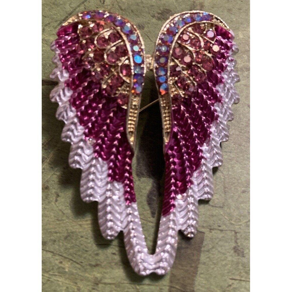 Sparkling Pink Angel Wings Rhinestone Brooch Pin Jewelry Gift Love Golden Accent